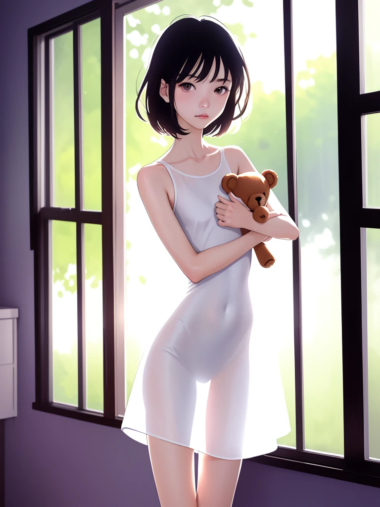 (masterpiece, Highest quality), One Girl，，Very short stature，Thin thighs，Flat Chest，slim, White short dress, Transparent Dress, See-through silhouette, Backlight, Backlight, Standing by the window, Bedroom, morning, sunlight, warm, Anime Minimalist, watercolor，hugging a big teddy bear，