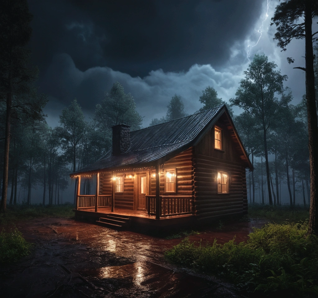 Create a photo of a realistic cabin in an open forest at night with the lights on, showing a cloudy sky surrounded by dark storm clouds, 4K Photography, cinematic, dark landscape with a lot of fog, wet floor, rain falling