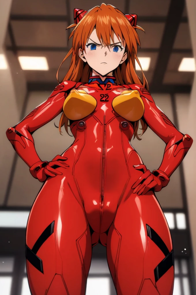 asuka, blue eyes, orange hair,cowboy shot, red bodysuits,plugsuits, hand on hip, from below,
(best quality, masterpiece, RAW photo,ultra-detailed:1.2), 1girl,solo,looking at viewer,angry,indoor,nsfw