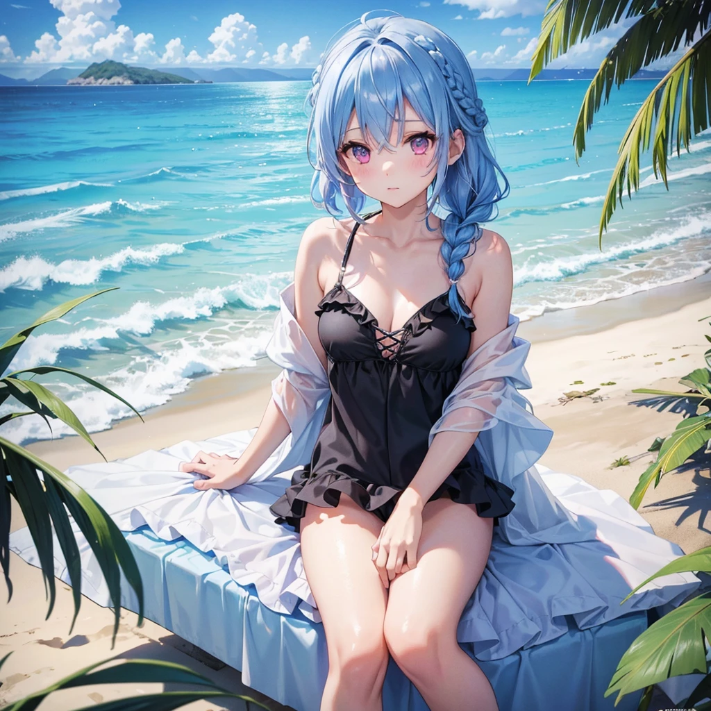 (Sky blue medium hair),(Braided hair tied together)、Pink eyes、Fair skin、(whole body)、(One Girl)、Black frilly swimsuit、Stylish sunglasses、Shining white sand beach in midsummer、Okinawa&#39;s ocean、A big smile、、(masterpiece、Highest quality、Very detailed、Best Shadow)、(Detailed Background)、(Beautifully detailed face)、High contrast、(Best lighting、Very delicate and beautiful)、((Cinematic Light))、colorful、Hyper Detail、Dramatic Light、Exquisite detail、Standing with your legs apart