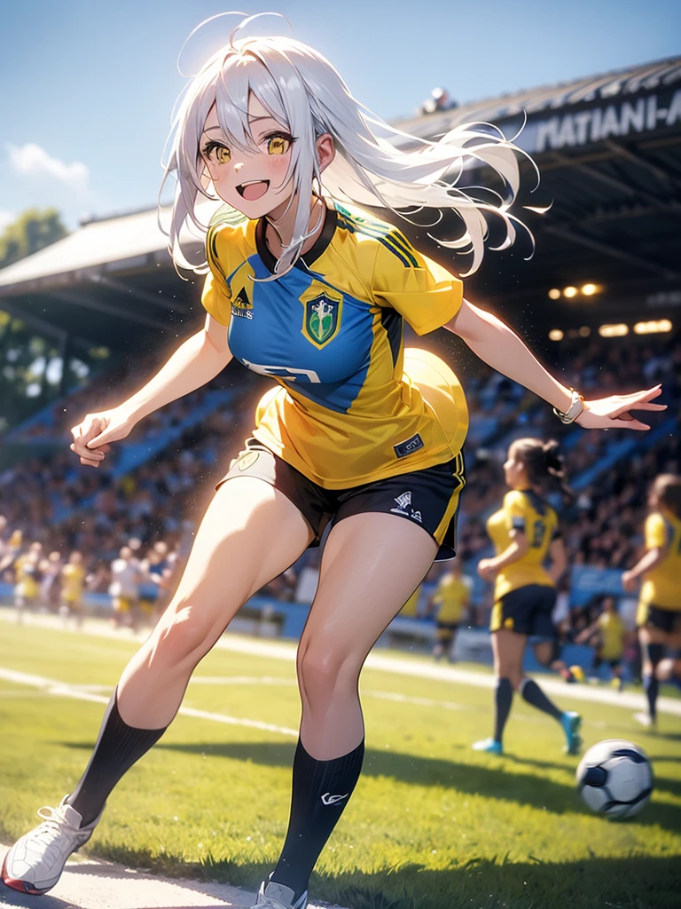 Girl, solo, Full Body, Long hair, white hair, Yellow eyes, happy face, Breasts, big Breasts, Large breasts, big Butt, Yellow t-shirt, Brasil shirt, soccer shirt, shorts, mini shorts, Dark BLUE shorts, running, in a soccer match