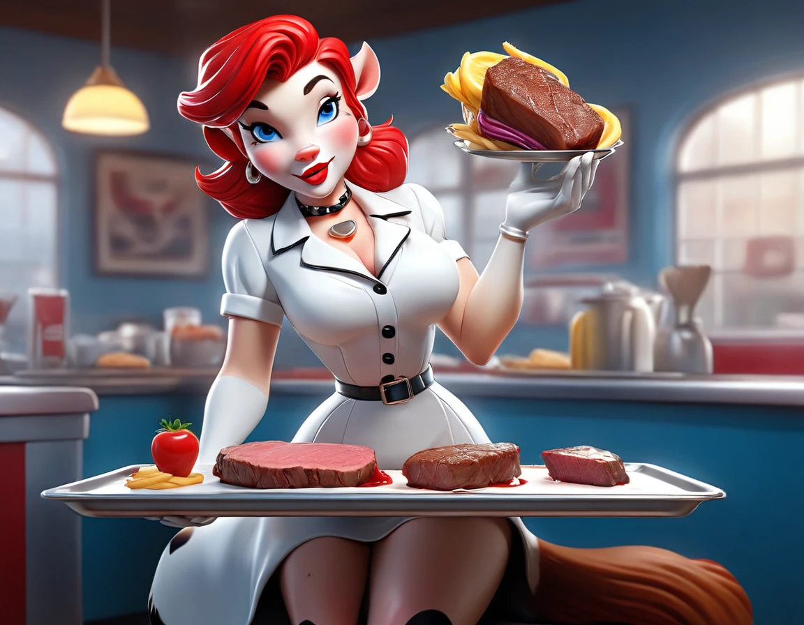 a 3D digital painting picture of extremely beautiful  (anthropomorphic cow:1.3) serving a big juicy steak on a tray in American diner, an exquisite beautiful female (cow anthropomorphic:1.3), full body, ultra feminine ultra detailed face, red hair, short hair, little fury, red lips, blue eyes, wearing sexy white seductive latex dress, looking at a American  kitchen background,  dynamic angle, , award winning, best quality, high quality, high details, highres, vibrant, Ultra-high resolution, High Contrast, (masterpiece:1.5), highest quality, Best aesthetics, best details, best quality, highres, ultra wide angle, 16k, [ultra detailed], masterpiece, best quality,  photorealistic, 3D rendering, TomFischbeck