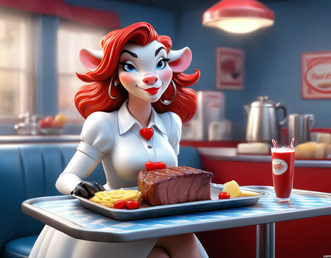 a 3D digital painting picture of extremely beautiful  (anthropomorphic cow:1.3) serving a big juicy steak on a tray in American diner, an exquisite beautiful female (cow anthropomorphic:1.3), full body, ultra feminine ultra detailed face, red hair, short hair, little fury, red lips, blue eyes, wearing sexy white seductive latex dress, looking at a American  kitchen background,  dynamic angle, , award winning, best quality, high quality, high details, highres, vibrant, Ultra-high resolution, High Contrast, (masterpiece:1.5), highest quality, Best aesthetics, best details, best quality, highres, ultra wide angle, 16k, [ultra detailed], masterpiece, best quality,  photorealistic, 3D rendering, TomFischbeck