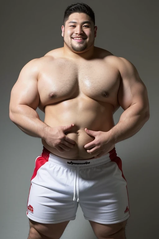 ((highest quality)), ((masterpiece)), (detailed), ((Perfect Face)), 4k, Shaved head, Young Japanese, Muscular, Fat body, Very big man, smile, ((showing off crotch))A large Japanese man topless、whole body、Rugby player、Thick legs、Thick arm muscles、Intimidating、whole body、wearing a very tight black shorts