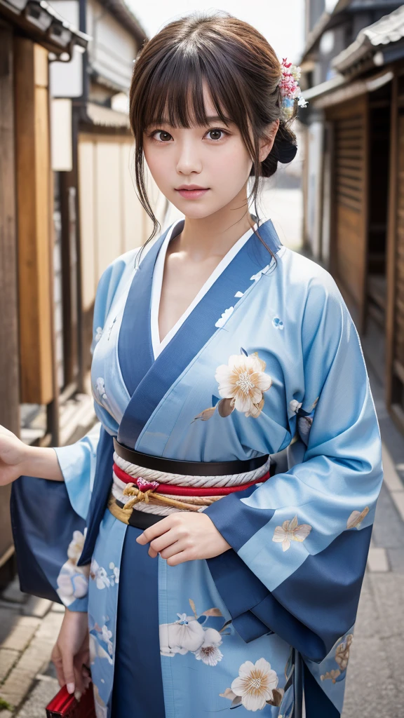masterpiece,best quality,high resolution,8K,Realistic face,Realistic skin texture,magnified textures, 1 girl,Japanese girl, 19 years old,japanese,detailed eyes,blunt bangs,brown hair,Joyful glow,doubled lid eyes,small nose、sparkling eyes、natural make,(light blue haori(Wear it over a kimono)1.2)、she is shinsengumi,samurai of 19th century,(black japanese clothes:1.2),katana,round face,Guts pose,grimace,smol girl,big breasts,(Sexy chest:1.3),in the city,(look at viewer),she is walking,good feeling,parade,(from front),happy