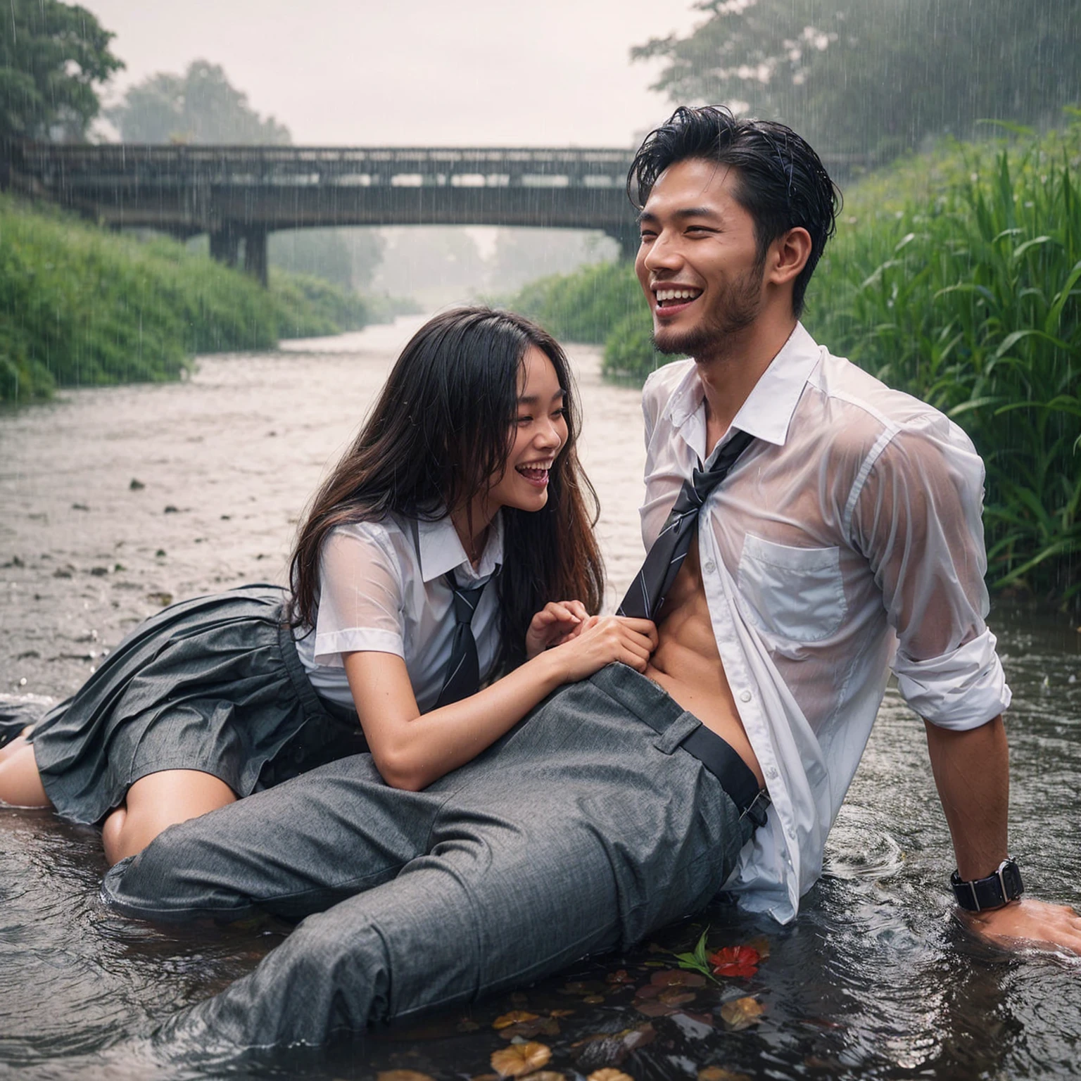 romantic couple. an Indonesian man lying on river, it is raining On the right and left sides of the river, there are lush grass, laughing cheerfully, there was a woman sitting smilling is seento try to bite the zipper of the man's pants with her teeth. in indonesian high school uniforms with white tops and gray bottoms, blank gray tie. 4k. ray tracing. high resolution realistic