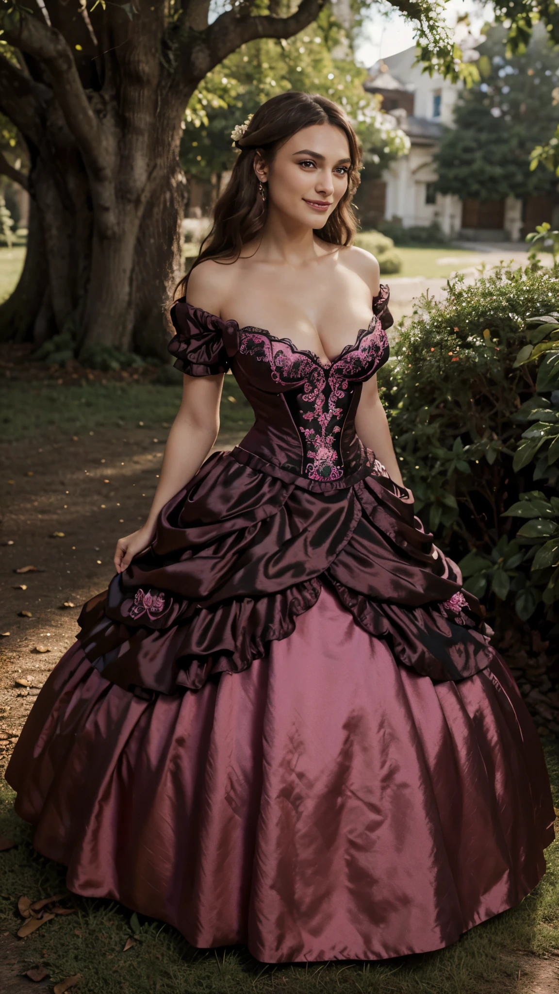 Masterpiece, absurdres, fine detail, HDR, highly detailed face and eyes, photorealistic, smiling, open mouth excited,ballgown, keira knightley in a hot pink and black silk dress standing in front of a tree , wearing a ballgown,big breasts, detailed face, long eyelashes, colorful eye shadow, colorful makeup, 4k,8k,very tiny waist,full body photography