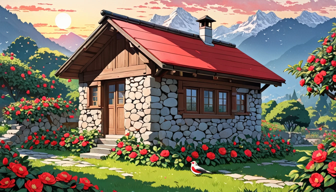 A simple two-room stone house for the poor , old,In the middle of a garden filled with red and white camellias ,Of all colors ,Swiss Style, High quality art, 8K ,alone, At dawn ,Bright Sun, Bird Octane , teeth, Sitting, wood
