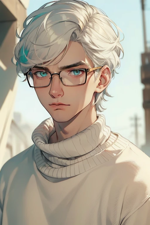 ((Masterpiece, Highest Quality)), Detailed Face, male, white sweater, turquoise eyes, (((Top Quality))), Short hair, Shaved whiskey,Spits, white colored hair, Stylish glasses