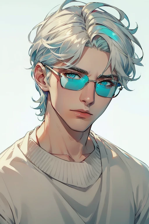 ((Masterpiece, Highest Quality)), Detailed Face, male, white sweater, turquoise eyes, (((Top Quality))), Short hair, Shaved whiskey,Spits, white colored hair, Stylish glasses