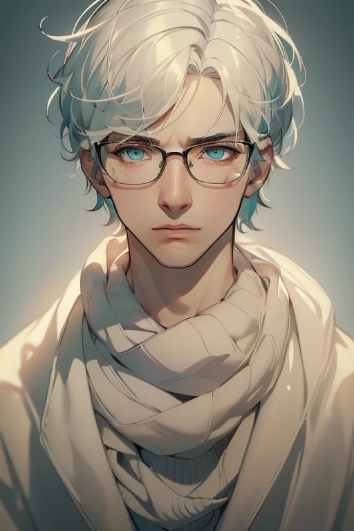 ((Masterpiece, Highest Quality)), Detailed Face, male, white sweater, turquoise eyes, (((Top Quality))), Short hair, Shaved whiskey,Spits, white colored hair, Stylish glasses