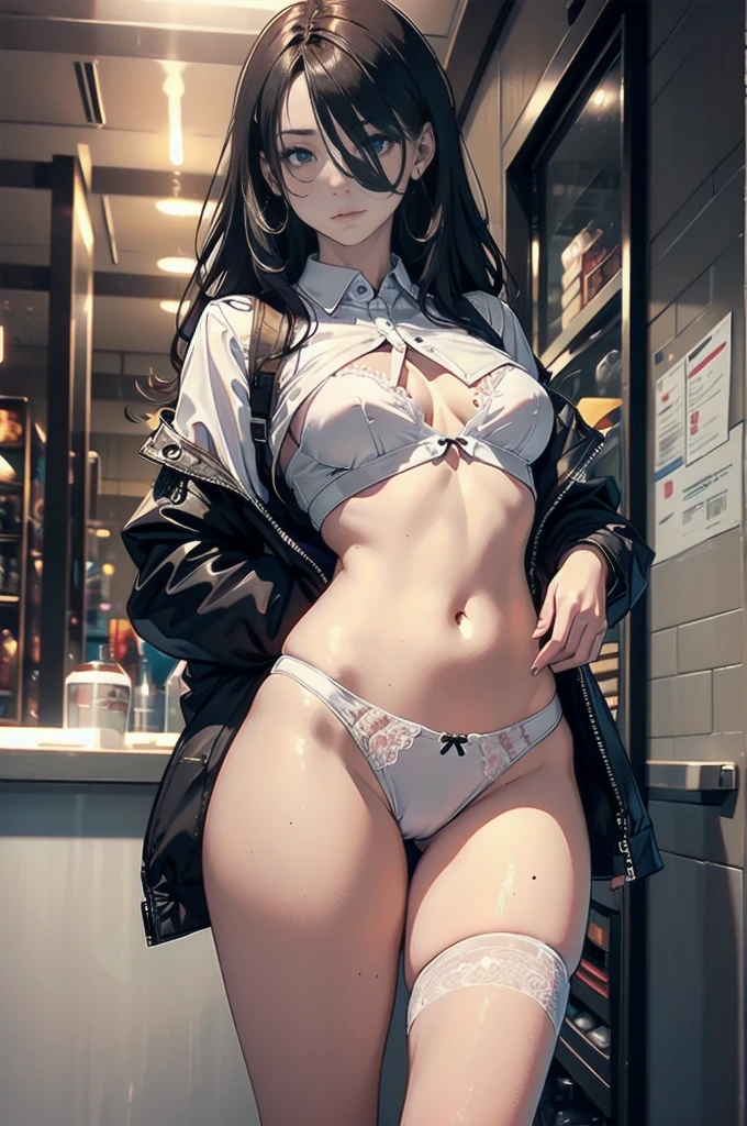 (Surreal), (figure), (High resolution), (8K), (Very detailed), (best figure), One girl, alone, Small breasts, She is trying to unbutton her white blouse,White underwear with gorgeous details, Changing clothes, Shyness,freckles,Mole under the left eye,