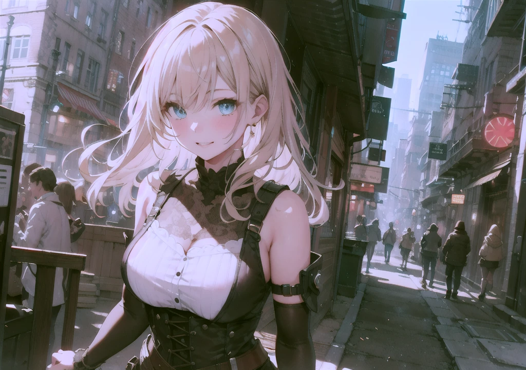 With background: snowy night cityscape。Detailed drawings of buildings and cityscapes using precise three-dimensional thinking。
shape: 20 year old girl。The hairstyle is bob、hair color is blonde、Hair is wavy。
expression and eyes: serious expression、eyes are blue、realistic and complex eyes。
clothing: black and purple gothic clothes。long sleeves and skirt、Corset available。
Pause：holding an umbrella in his left hand。
effect:Focus on the face from above。
style: Ghibli style special elements：I never have