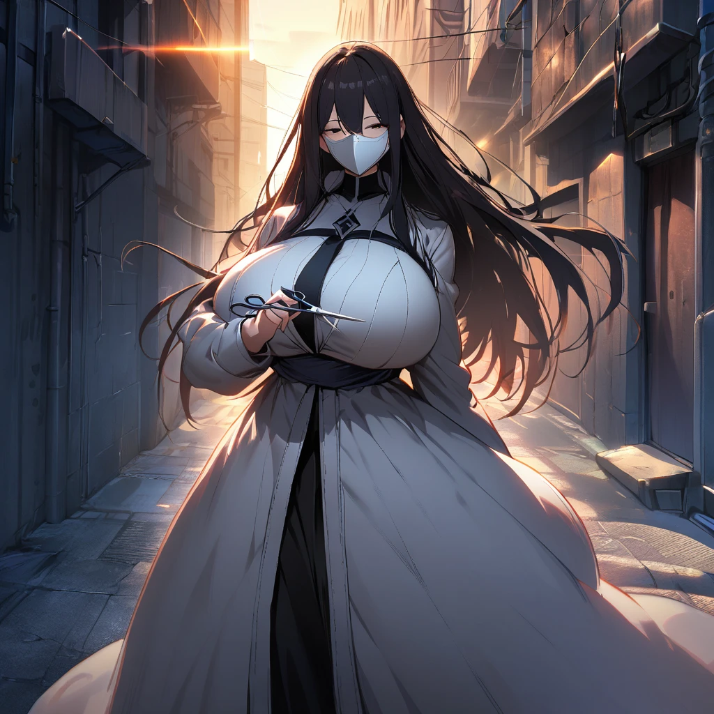 1girl,solo,long hair,black hair color,white mask,White coat,huge breasts,slender,Scissors in hand,high stature,tall person,setting sun,Alley with no people,near