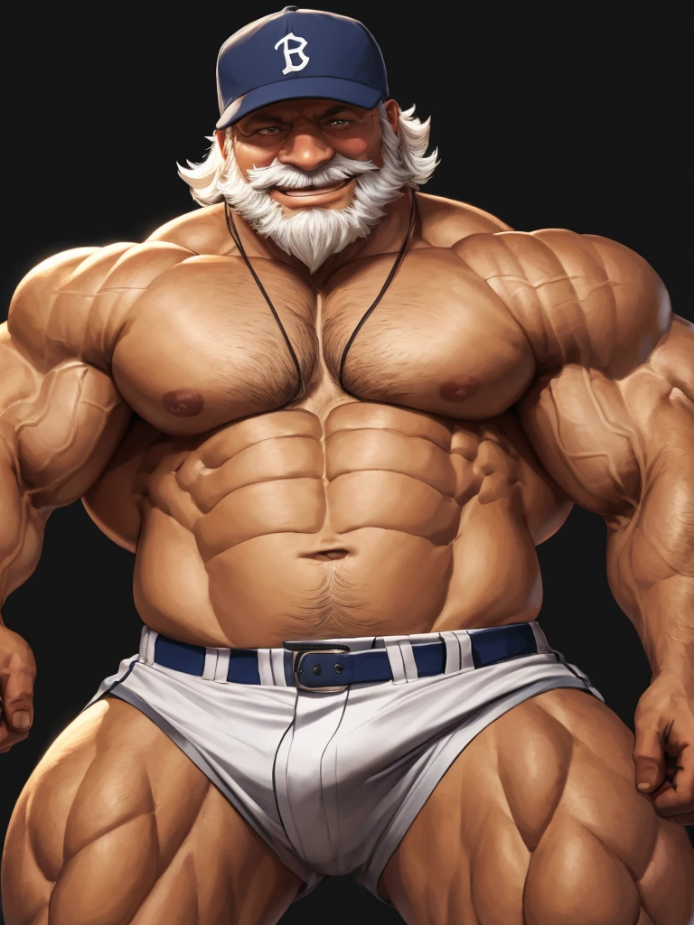 huge muscular old man , black background , wearing baseball hat, happy, white hair, white beards, masterpiece, semirealistic:1.2, high detailed, 8k, high resolution, perfect center, full view. sixpack