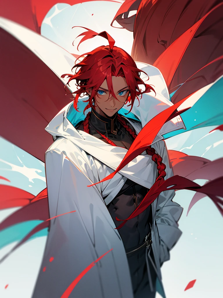 Black skin male adult red hair dread locks short hair blue eyes Red brownish short heair and white coat normal pose standby staring at front front view bust adult face Sightly smile
