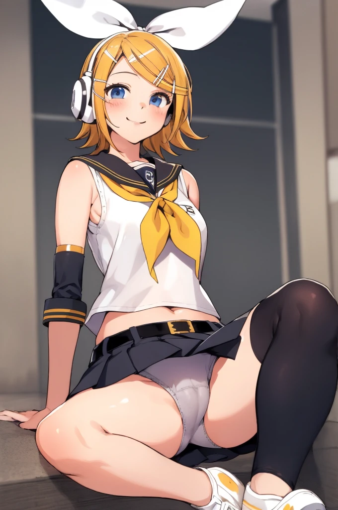 rin kagamine, blonde hair, blue eyes, hair bow, headset, short hair, headphones,
bare shoulders, belt, black sailor collar, black shorts, bow, crop top, detached sleeves, grey legwear, grey shorts, grey sleeves, hair bow, leg warmers, neckerchief, sailor collar, , shirt, mini skirt, short sleeves, shorts, white bow, white footwear, white shirt, yellow neckerchief, from below, pink panties,
(best quality, masterpiece, RAW photo,ultra-detailed:1.2), 1girl,solo,looking at viewer,smile,sitting