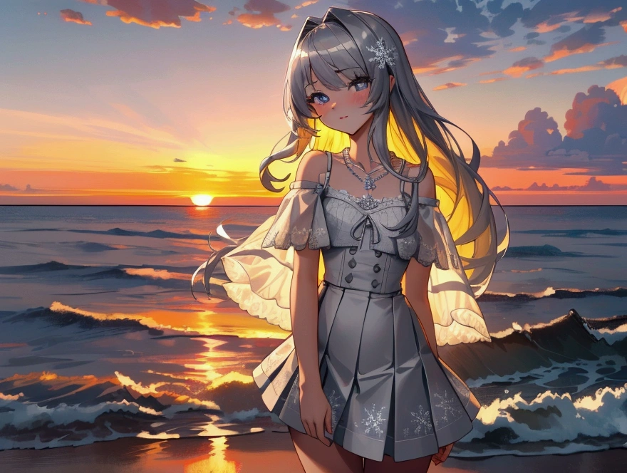 ((masterpiece, extremely high quality)),((4k, detailed beautiful cute eyes)),((cinematic view, high detailed sunset, high detailed colors, high detailed clouds, depth of view)),1girl standing at a beach side, hands behind her back, looking at viewer, white skin, closed lips, soft warm smile, silver long-hair, grey-bluish eyes, slender physique, medium-size chest, small-diamond snowflake necklace, white off-shoulder straps ruffled blouse, greyish high-waisted a-line mini skirt with lace trim.