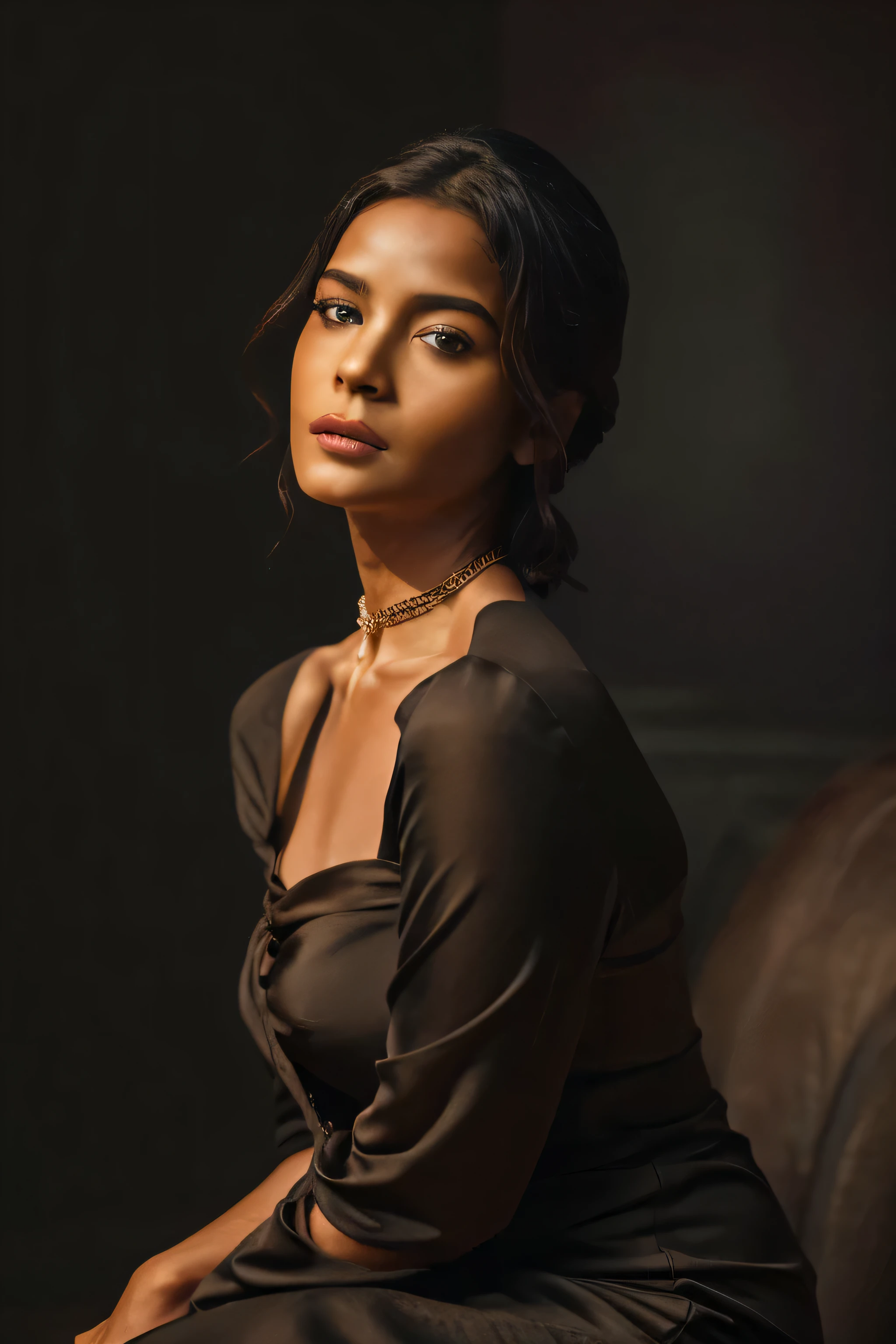 In this photograph, a beautiful Indian Instagram model in her mid-30s takes center stage, showcasing her chubby figure and prominent round chest with a hint of cleavage. The image highlights her highly detailed face (1.4) and a soft smile (0.7). She is set against the backdrop of a moody, private study within a 5-star hotel. The photograph, captured by Lee Jeffries using a Nikon D850, features rich colors and lifelike textures, thanks to film stock photography on 4 Kodak Portra 400. With a camera f1.6 lens, the image boasts dramatic lighting and hyper-realistic detail, enhanced by Cinestill 800 film. 

The model wears a black dobby weave self-design fit & flare dress. The dress features a sweetheart neck, short puff sleeves, a tie-up detail on the back, an above-knee length flounce hem, and attached lining in chiffon fabric. Inspired by actress Karla Ortiz, the model poses candidly, wearing a slave collar with a chain around her neck. The meticulously captured photograph, in 8K resolution, utilizes cutting-edge techniques such as Cinema 4D and Octane Render. Studio lighting, HDR, and a smoky mist create a captivating ambiance, with a bokeh effect adding an artistic touch. The overall aesthetic is influenced by the styles of Max Dauthendey,point of viewer 