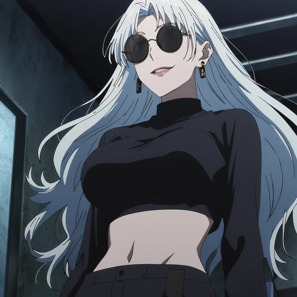 1girl, female gojo satoru, anime screencap from jujutsu kaisen, gojo satoru female version, solo, long_hair, ((wearing round sunglasses)) ((White_hair)), night view, (hanging ) upper_body, smile, indoors, book, lips, (long hair) ((wearing black colour crop top with full sleeves and black colour pant)) , "very detailed and high resolution"  ((solo)) (((front view))) (earings) ((high resolution)) ((good quality)) ((silky hair)) 
