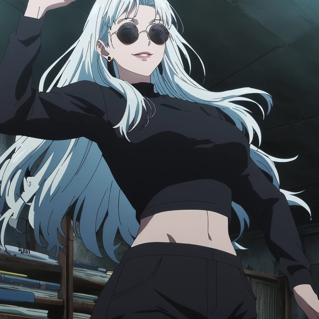 1girl, female gojo satoru, anime screencap from jujutsu kaisen, gojo satoru female version, solo, long_hair, ((wearing round sunglasses)) ((White_hair)), night view, (hanging breasts) upper_body, smile, indoors, book, lips, (long hair) ((wearing black colour crop top with full sleeves and black colour pant)) breast, "very detailed and high resolution" ((solo)) (((front view))) (earings) ((high resolution)) ((good quality)) ((silky hair))