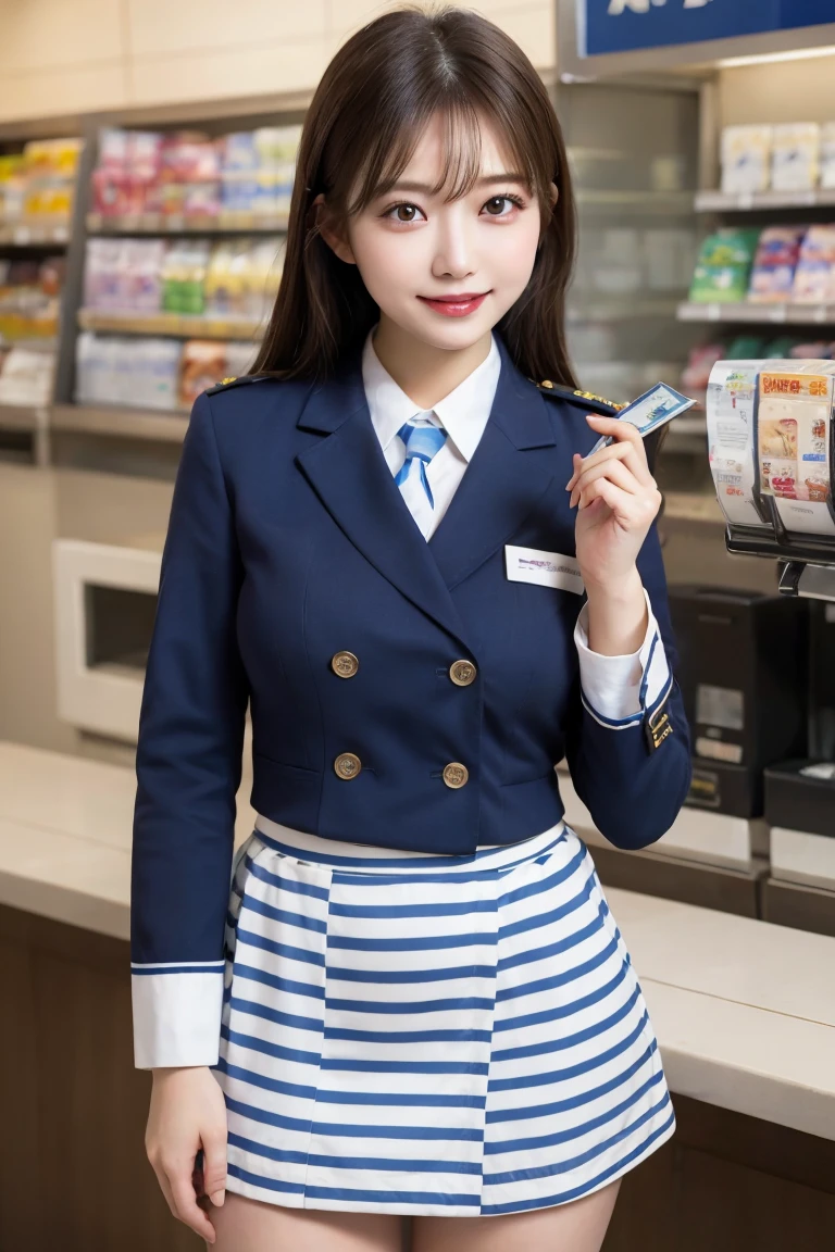Convenience store clerk cashier , Highest quality, shape, Very detailed, In detail, High resolution, 8k wallpaper, Perfect dynamic composition, Beautiful details, Natural Lip, Blue and white striped uniform panty shot , Big Breasts, Lawson's uniform is open,Cleavage, She is smiling happily while looking back in an erotic pose. ..., A masterpiece of the whole body, Whole shot