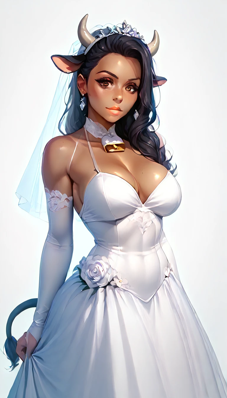 score_9, score_8_up, score_7_up, 1girl, solo, 
flowing black hair, glowing brown eyes, ((big_boobs:1.75)), curvy girl, cow ears, cow tail, tanned skin, demoness, (cowgirl:1.2),
monochromatic, eerie atmosphere, 
(wedding dress), seductive, stark white background