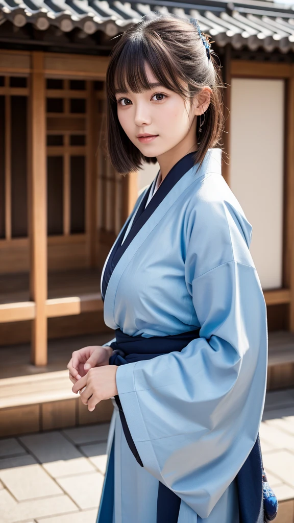 masterpiece,best quality,high resolution,8K,Realistic face,Realistic skin texture,magnified textures, 1 girl,Japanese girl, 19 years old,japanese,detailed eyes,blunt bangs,brown hair,Joyful glow,doubled lid eyes,small nose、sparkling eyes、natural make,(light blue haori(Wear it over a kimono)1.2)、she is shinsengumi,samurai of 19th century,(black japanese clothes:1.2),katana,round face,Guts pose,grimace,smol girl,big breasts,(Sexy chest:1.3),in the city,(look at viewer),she is walking,good feeling,parade,(from front),(happy:1.4)