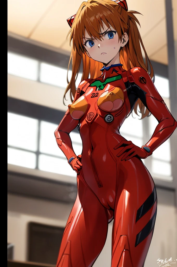 asuka, blue eyes, orange hair,cowboy shot, red bodysuits,plugsuits, hand on hip, from below,
(best quality, masterpiece, RAW photo,ultra-detailed:1.2), 1girl,solo,looking at viewer,angry,indoor,nsfw
