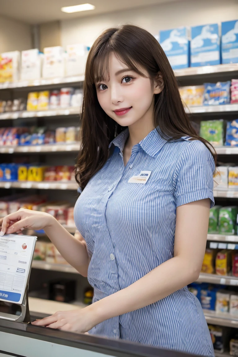 (onoff,side-by-side photo,split screen),(masterpiece:1.4), (best quality:1.4) ,8K,cinematic lighting,((best quality)), (masterpiece) , (realistic shadow) , (depth of field),(intricate details:1.4), 1girl,Japanese,(Brown mideum wave hair with asymmetrical bangs:1.3),Happy smiling face,(Slender body:1.4),hairy ,konbini, scenery, shop,convinience store,food, indoors,LAWSONU, employee uniform, uniform,id card, striped, shirt, pants, standing,
