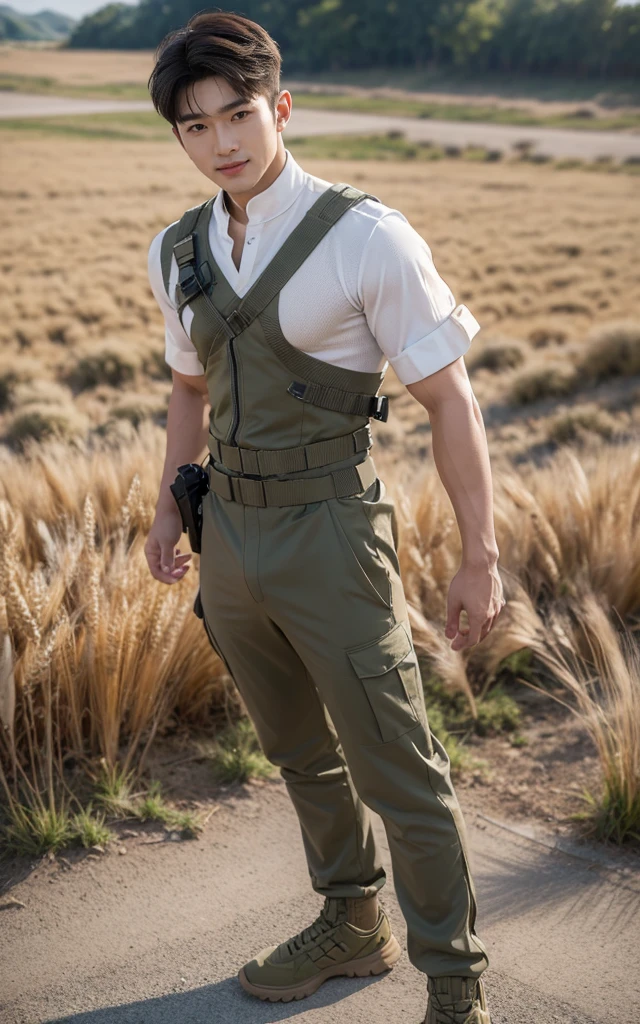 Ultra HD resolution,High-resolution details,1 handsome Korean man,20-year-old handsome soldier,Resolute Soldier, Wear a white vest, majestic,Handsome Korean muscular man,Broad shoulders and narrow waist,Handsome man in military uniform,Shapewear fabric contours the bust,In,Masculine and sexy,High target,Muscles look good,Wheat skin color,black eyes(Fine eye 1:3),Full body image,Standing,Smiling at the camera,Background troops are training grounds