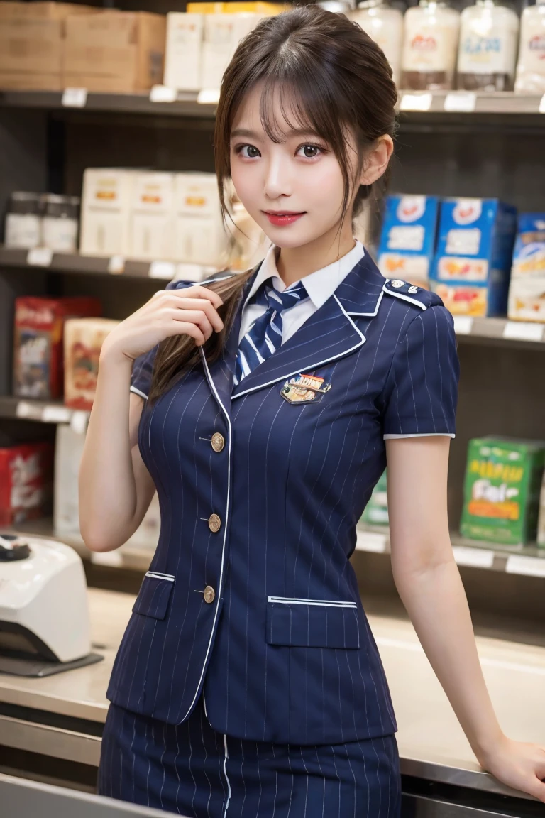 Convenience store clerk cashier , Highest quality, shape, Very detailed, In detail, High resolution, 8k wallpaper, Perfect dynamic composition, Beautiful details, Natural Lip, Blue and white striped uniform panty shot , Big Breasts, Lawson's uniform is open,Cleavage, She is smiling happily while looking back in an erotic pose. ..., A masterpiece of the whole body, Whole shot