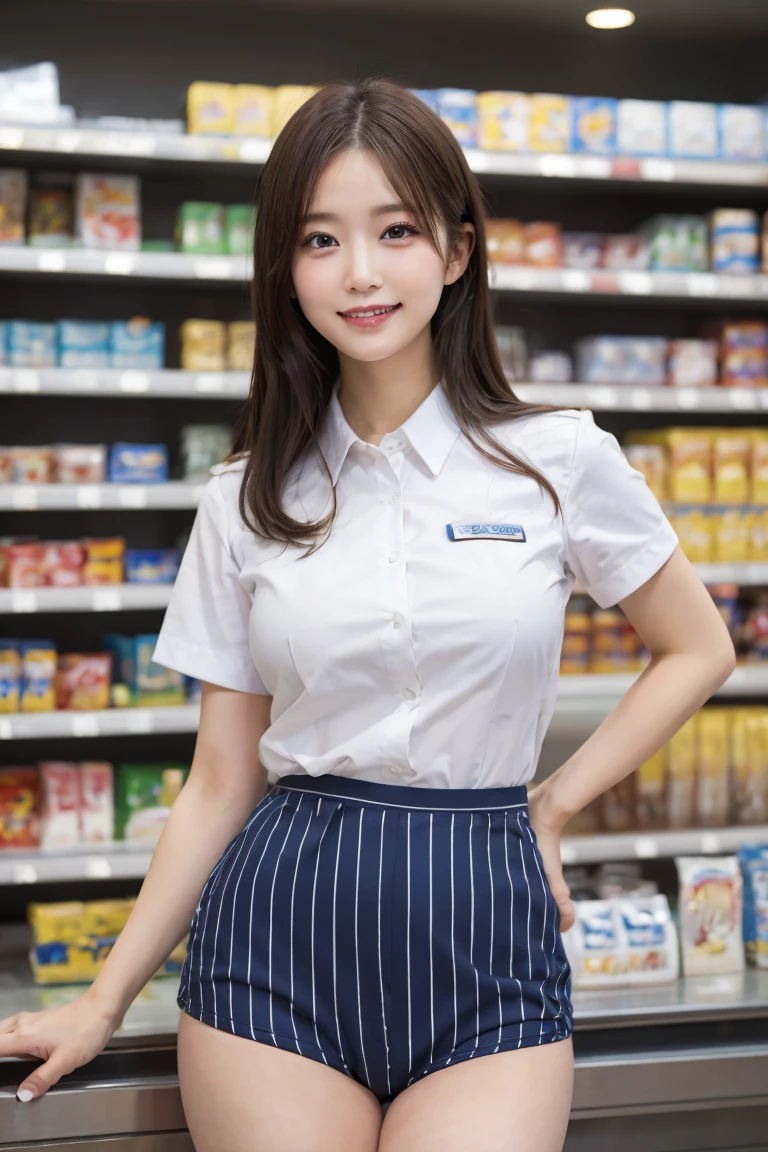 Convenience store clerk cashier , Highest quality, shape, Very detailed, In detail, High resolution, 8k wallpaper, Perfect dynamic composition, Beautiful details,  Natural Lip, Blue and white striped uniform panty shot , Big Breasts, Lawson&#39;s uniform is open，Cleavage, She is smiling happily while looking back in an erotic pose. ..., A masterpiece of the whole body, Whole shot