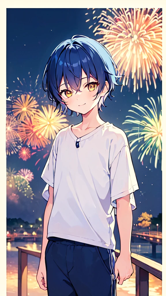 [(Summer background:1.5),::5], ((((masterpiece)))), expensive quality, very_expensive_solve, big_file size, Upper Body, Full Color, ((alone)), ((Little Boy)), 13 years old, Short deep blue hair for men, Bright colors, ((Yellow Eyes)), Summer clothes, white, Anime Style, A light smile, ((night)), ((firework))
