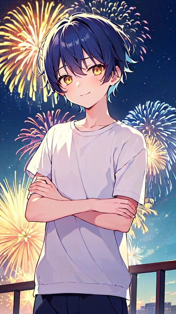 [(Summer background:1.5),::5], ((((masterpiece)))), expensive quality, very_expensive_solve, big_file size, Upper Body, Full Color, ((alone)), ((Little Boy)), 13 years old, Short deep blue hair for men, Bright colors, ((Yellow Eyes)), Summer clothes, white, Anime Style, A light smile, ((night)), ((firework))