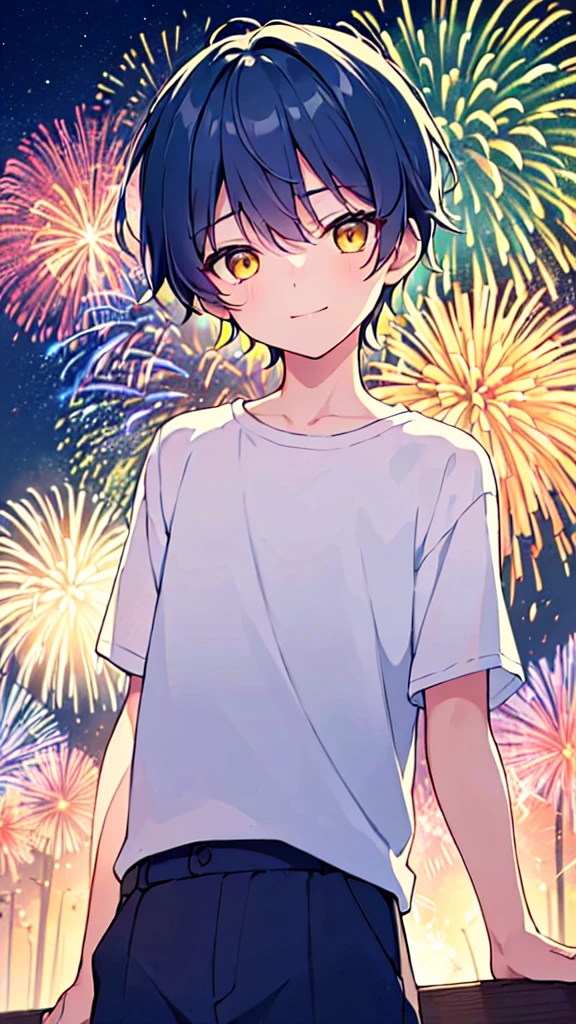 [(Summer background:1.5),::5], ((((masterpiece)))), expensive quality, very_expensive_solve, big_file size, Upper Body, Full Color, ((alone)), ((Little Boy)), 13 years old, Short deep blue hair for men, Bright colors, ((Yellow Eyes)), Summer clothes, white, Anime Style, A light smile, ((night)), ((firework))