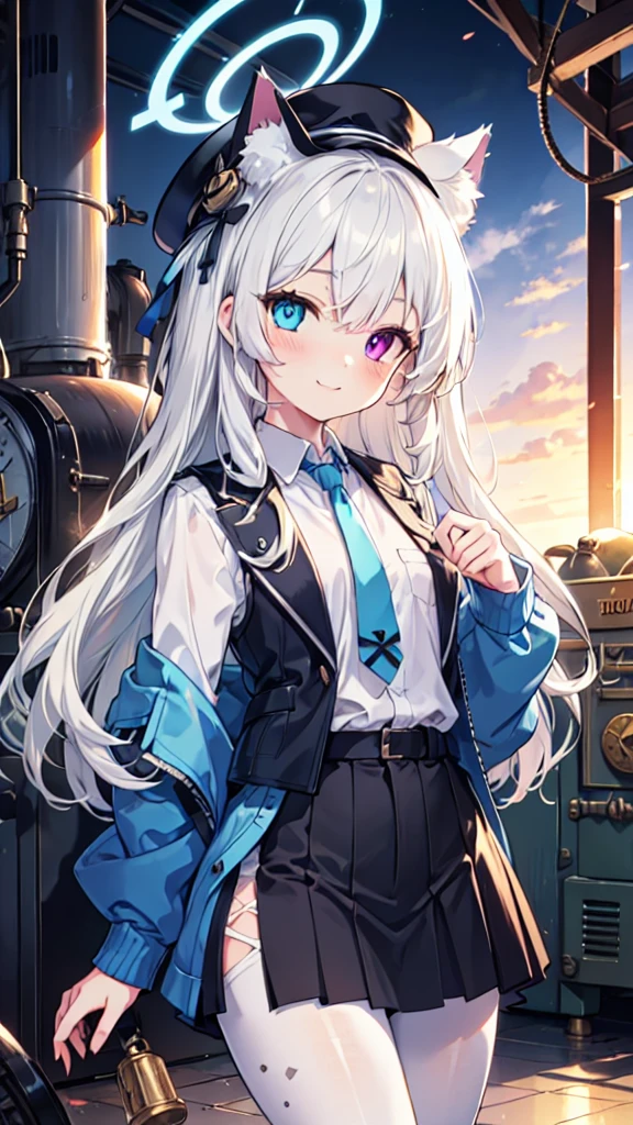 White pantyhose,White hair,Smile,Long hair,Cat ear,Heterochromia(Left blue right yellow),Female face,There are bright spots in the eyes,flat chest,blue halo,Alone,Inside the boiler room,Sunset,Steampunk,hat,Dark gray vest
