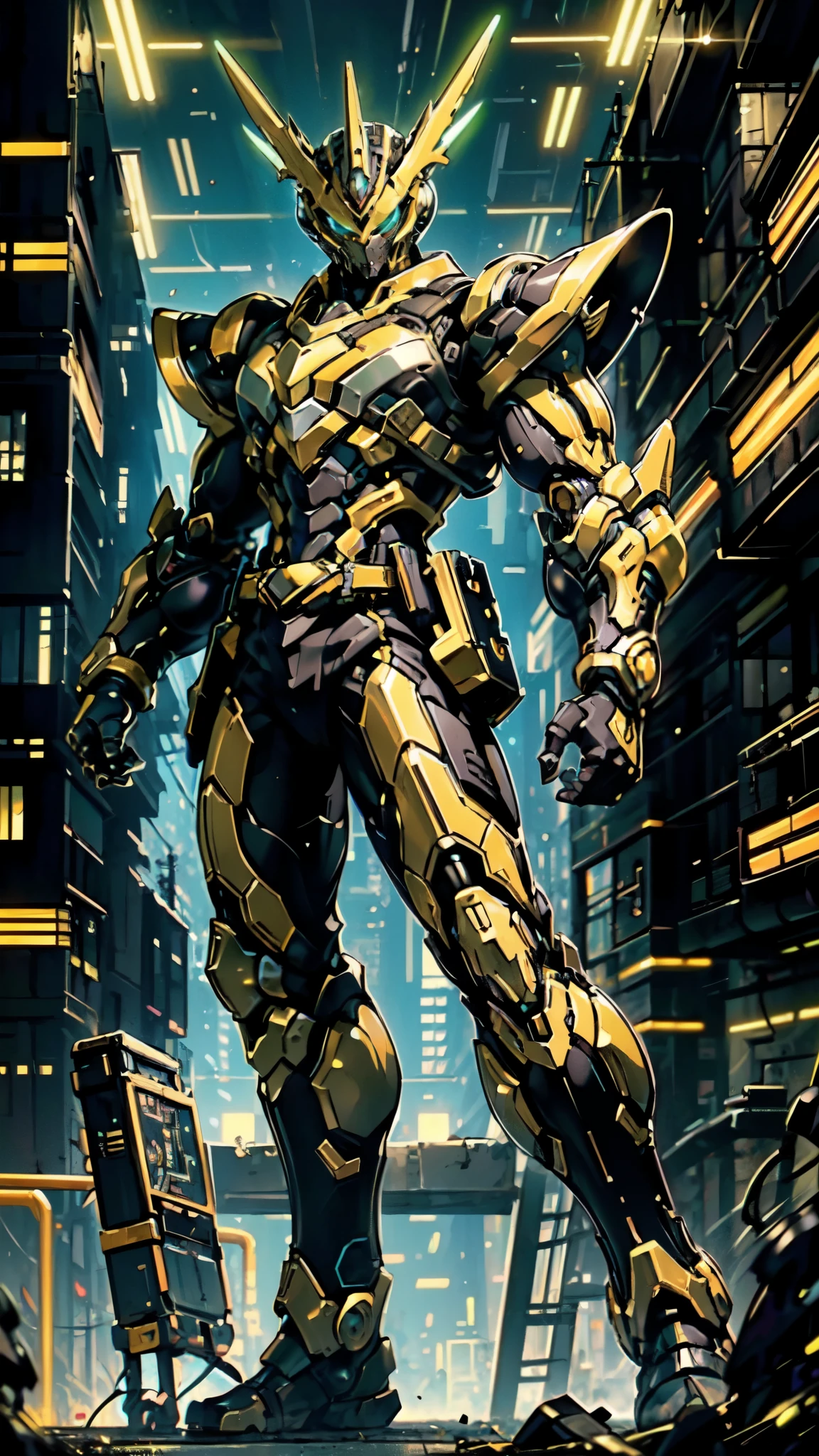(masterpiece:1.5, best quality:1.5, extremely delicate:1.5, foreshortening:1.5, dynamic angle:1.5), a man wearing a full-face helmet, a fantasy-style biotech armored combat suit, green eyes, (a composite layered chest armor), fully enclosed shoulder guards, matching arm and leg guards, the belt is adorned with neon circuitry, (the color scheme is primarily black with yellow green accents), the design balances heavy with agility, a high-tech bio-mecha armor, (Armor Concept Inspired by neon Cyberpunk, stand on the top of a skyscraper in a futuristic sci-fi city), this character embodies a finely crafted fantasy-surreal style armored hero in anime style, exquisite and mature manga art style, (element, plasma, energy, the armor glows), ((male:1.5)), metallic, high definition, highres, ultra-detailed, ultra-fine painting, professional, perfect body proportions, golden ratio, anatomically correct, symmetrical face, extremely detailed eyes and face, high quality eyes, creativity, RAW photo, UHD, 32k, Natural light, cinematic lighting, masterpiece-anatomy-perfect