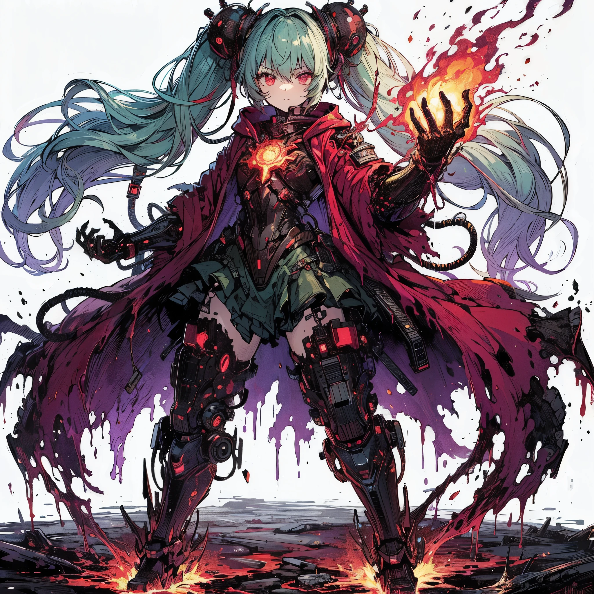(masterpiece, Best Quality), (detailed hairs), Ultra-detailed, Anime illustration style, Full body, solo, cyberpunk machinery girl, burned black mechanical limb, shedding molten iron like blood, flaming fist on black-purple demonic fire, burning flame is at the chest, Sea green two topknots' hairstyle with red eyes, wearing ragged red cloak and cyber-suits, White background, standing full length, standing on burned earth, whole body