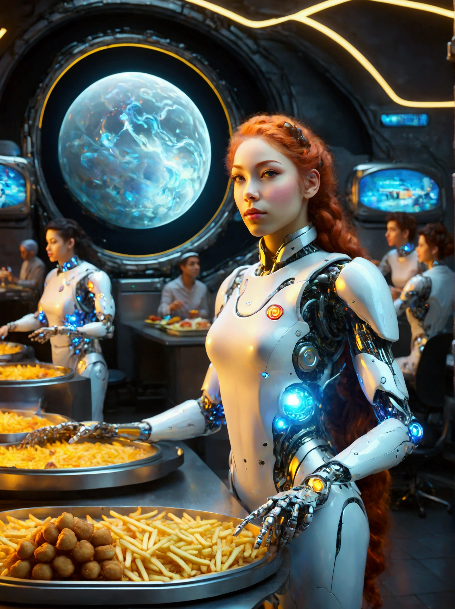 Best quality，8K，high resolution，masterpiece，Ultra Detailed，lifelike，Photorealism，future world，(Fast food restaurant cyborg female employee on the moon:1.5)，(apron)，(Fast food restaurant staff uniforms)，Transparent Mecha，Cyberpunk cyborg woman，doll，Beautiful meticulous eyes，Beautiful delicate lips，Extremely detailed eyes and face，Long eyelashes，Physically Based Rendering，Extremely detailed description，Ultra-detailed paintings，Futuristic interior decoration，Neon，Sharp focus，Vibrant colors，Science Fiction，Concept Art，High-tech atmosphere，Studio Lighting，HDR，Ultra HD，Bokeh