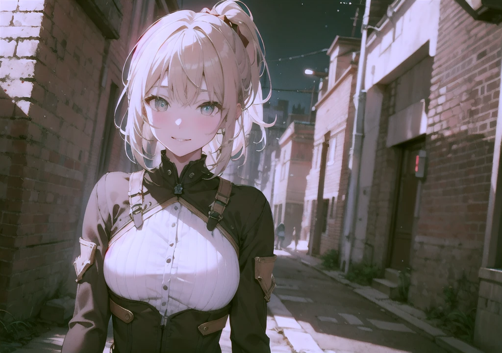 Realistic photos, Focus distance 10mm, Red and white, A big smile, Beautiful girl, Realistic photos, Focus distance 10mmで撮影, masterpiece, 最high quality, high quality, Very detailed CG 8k wallpaper unit, Award-winning photography, Depth of written boundary, High resolution, bloom, chromatic aberration, Realistic, Very detailed, Art Station Trends, CGsociety Trends, Complex, High detail, dramatic, Art on the go, volumetric lighting, Beautiful blonde, Final Fantasy style beautiful girl、Golden Eyes、Platinum-gold ponytail、Assassin Outfit、Moonlit castle walls in the background