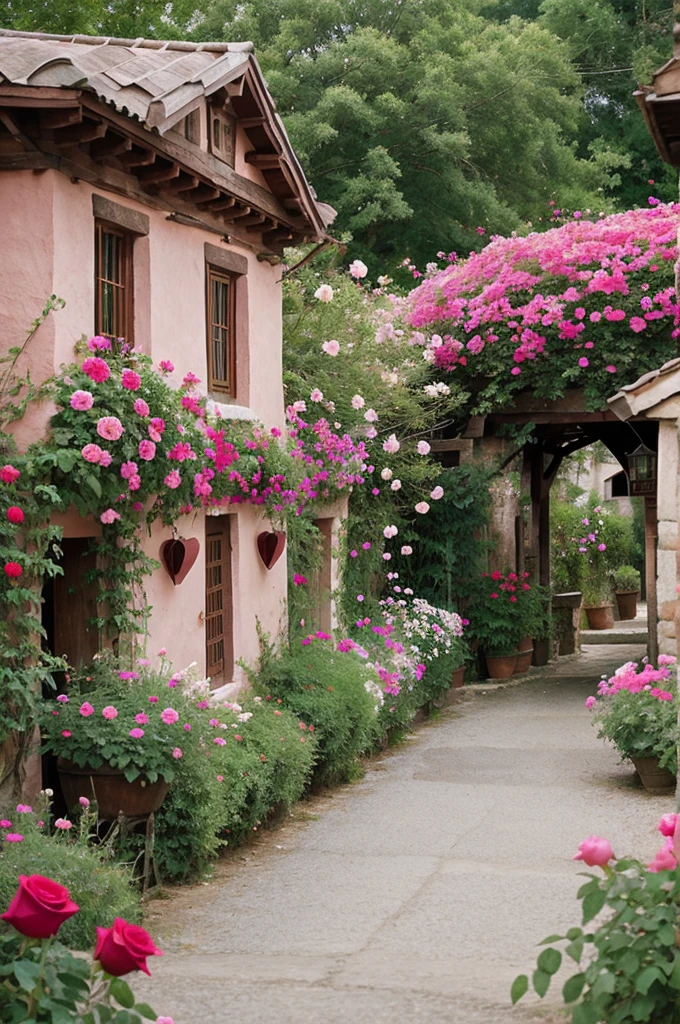 A village, Romantic and whimsical, with hearts, roses, and shades of pink and red.