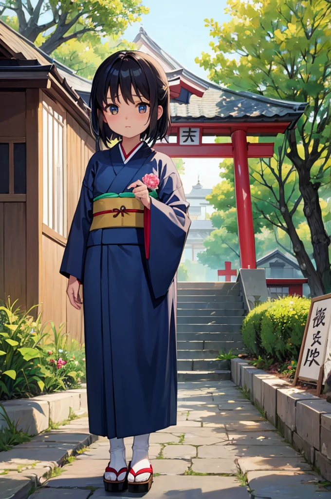 Girls under 8 years old, Height under 100, kimono, Small breasts, Patterned cotton panties, Fabric Real, Black Hair, kimono, Old shrine