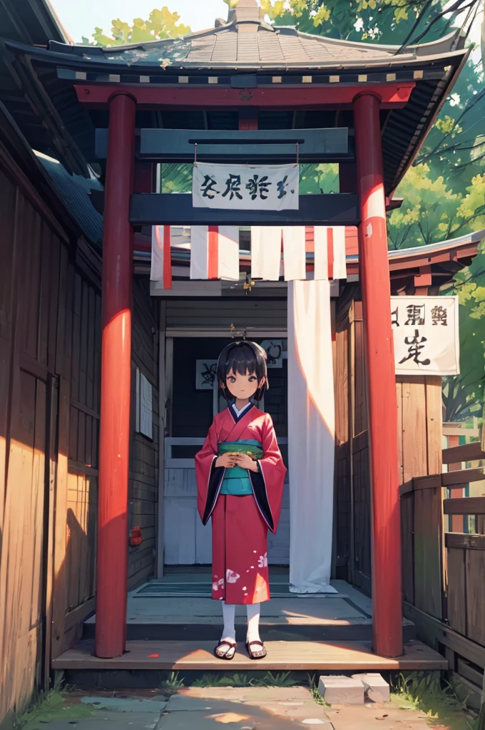 Girls under 8 years old, Height under 100, kimono, Small breasts, Patterned cotton panties, Fabric Real, Black Hair, kimono, Old shrine