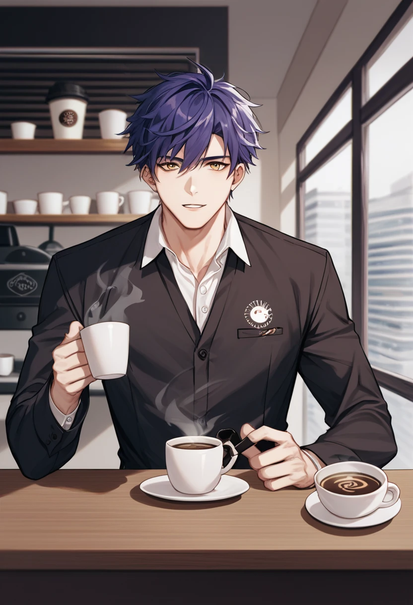 male, A cup filled with freshly brewed coffee, coffee beans scattered around, a shiny reflection on the surface,score_9,score_8_up,source_anime