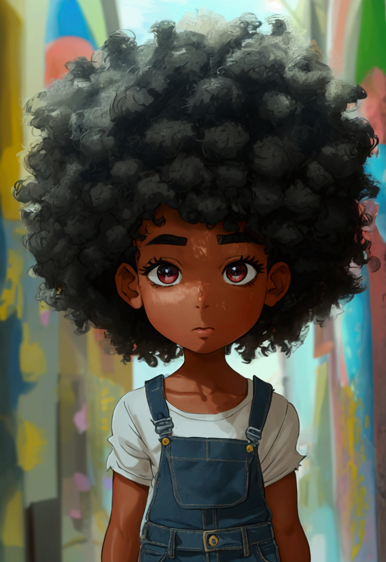 a 16-year-old boy with an average height of 1.80 cm, facial features of mixed origin, such as an aquiline nose and full lips, inherited from his African ancestry, and more refined features from the white side of his heritage. Her hair is an explosion of frizzy Afro-style curls, reaching almost to her shoulders, and is a deep black color, highlighted by the brown tones of her eyes. To make the look more youthful and lively, give it a caricature look, with exaggerated and expressive features, such as bouncy eyebrows and large shiny eyes. He adds a tight shirt and ripped jeans, showing off his emerging muscles and making it clear that he is confident and proud of his unique appearance.