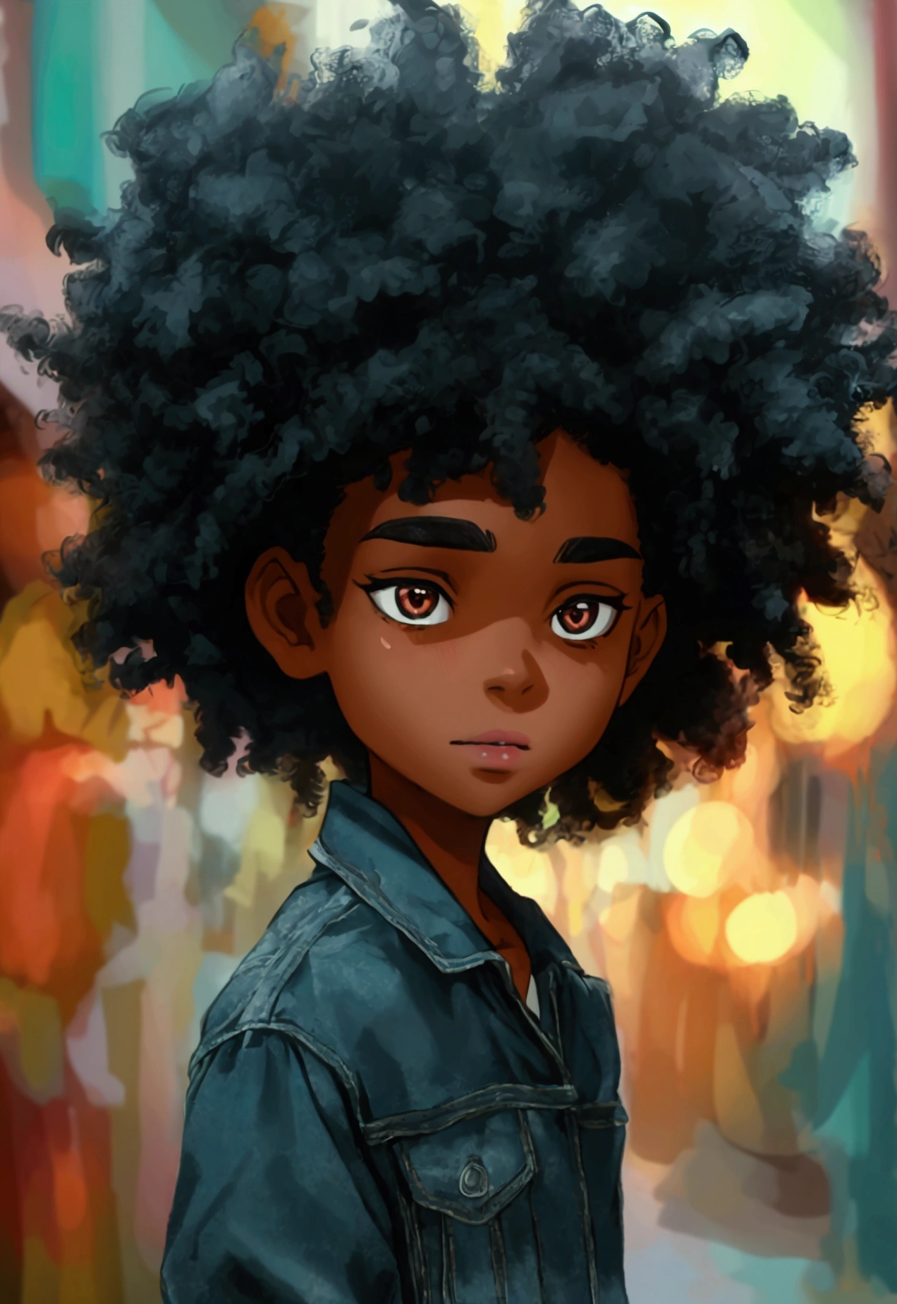 a 16-year-old boy with an average height of 1.80 cm, facial features of mixed origin, such as an aquiline nose and full lips, inherited from his African ancestry, and more refined features from the white side of his heritage. Her hair is an explosion of frizzy Afro-style curls, reaching almost to her shoulders, and is a deep black color, highlighted by the brown tones of her eyes. To make the look more youthful and lively, give it a caricature look, with exaggerated and expressive features, such as bouncy eyebrows and large shiny eyes. He adds a tight shirt and ripped jeans, showing off his emerging muscles and making it clear that he is confident and proud of his unique appearance.
