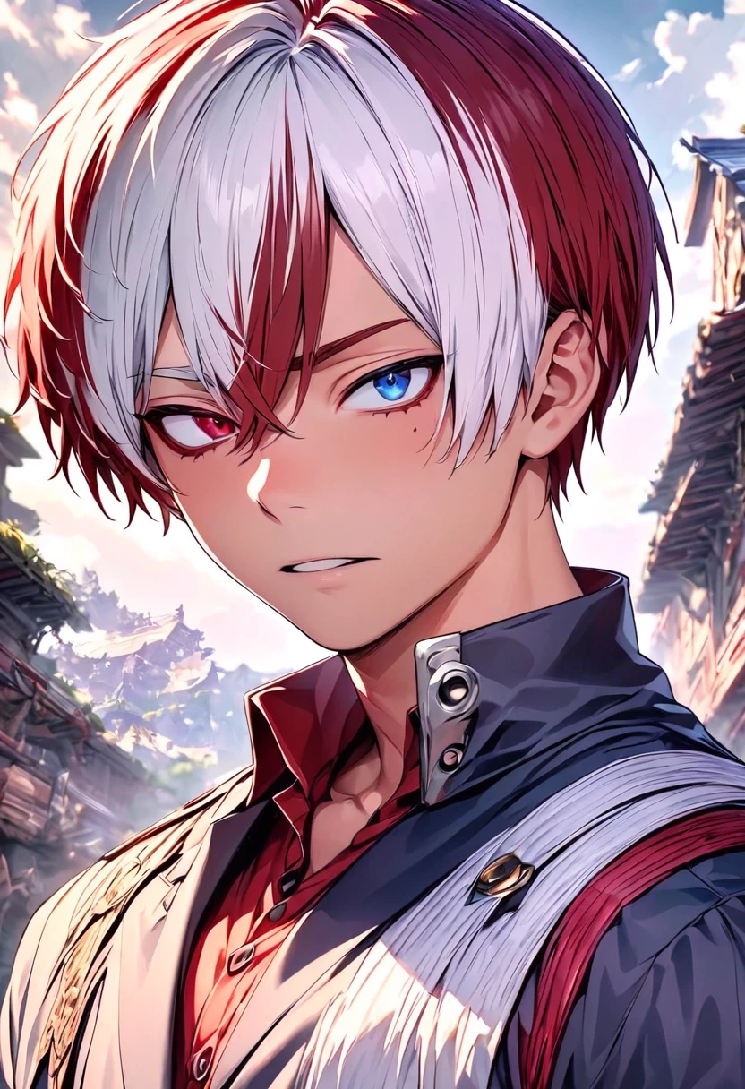 Ultra detailed, highres, absurdres, HDR, master piece, Todoroki Shouto, bicolor hair, right side is white, left side is red, heterochromia, right eye is grey, left eye is blue, detailed eyes, Boku No Hero Academia, fantasy, handsome, solo, best quality.