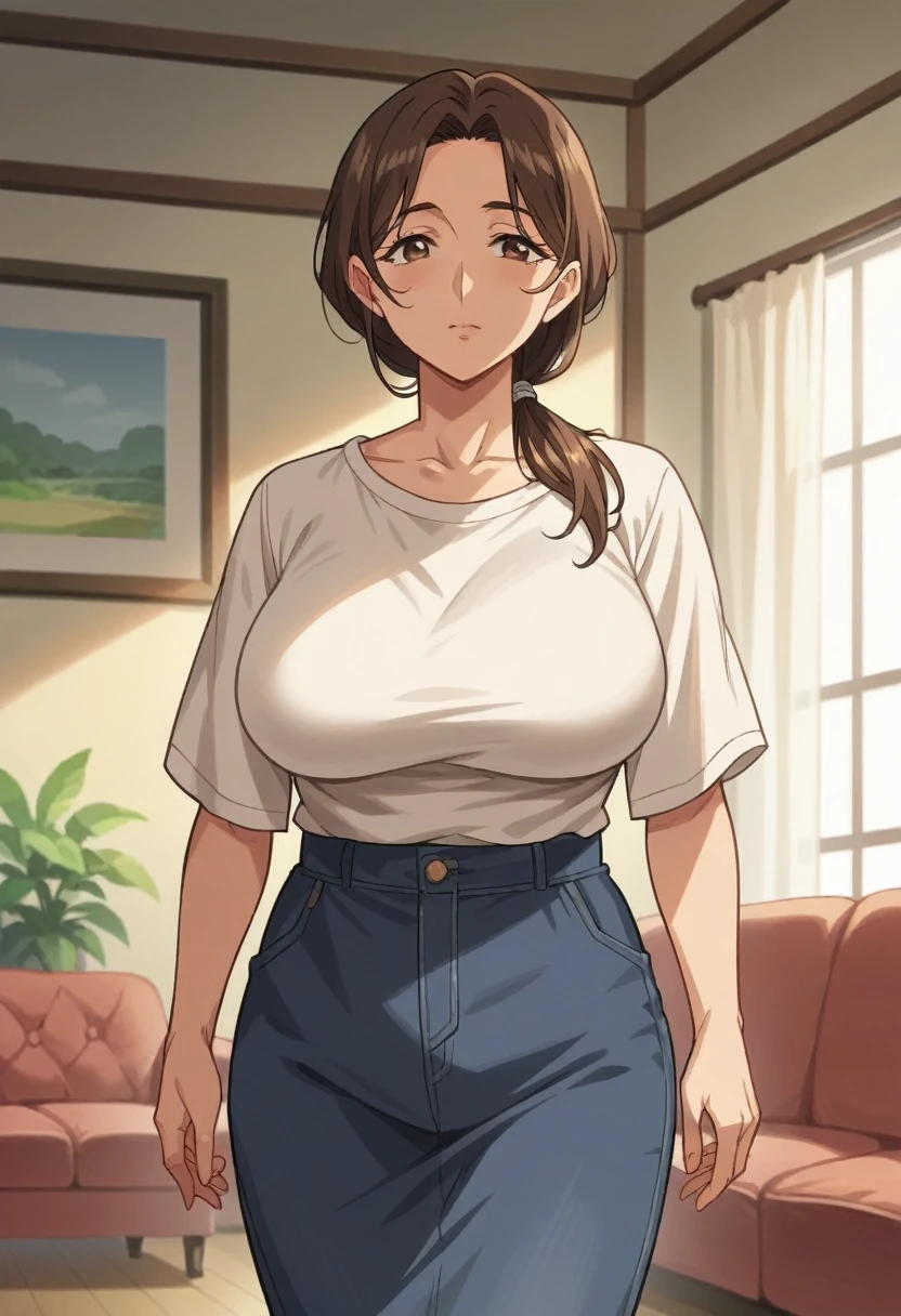 score_8_up, score_7_up, source_anime, anime screencap, 1mature_female, brown hair, brown eyes, low ponytail, large breast, living room, standing, cowboy shot