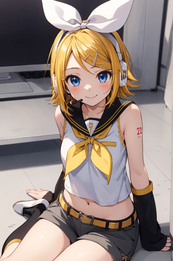 rin kagamine, blonde hair, blue eyes, hair bow, headset, short hair, headphones,
bare shoulders, belt, black sailor collar, black shorts, bow, crop top, detached sleeves, grey legwear, grey shorts, grey sleeves, hair bow, leg warmers, neckerchief, sailor collar, , shirt, mini skirt, short sleeves, shorts, white bow, white footwear, white shirt, yellow neckerchief, from below, pink panties,
(best quality, masterpiece, RAW photo,ultra-detailed:1.2), 1girl,solo,looking at viewer,smile,sitting